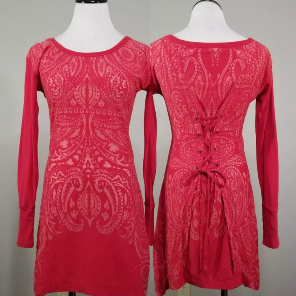 Athleta Lace Up Back Corset Dress XS Red Jacquard Burnout Long Sleeve Stretch